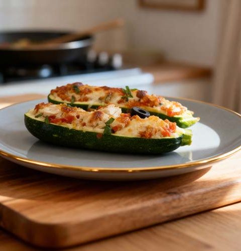 Gevulde courgette met kip, tomaten en olijven
