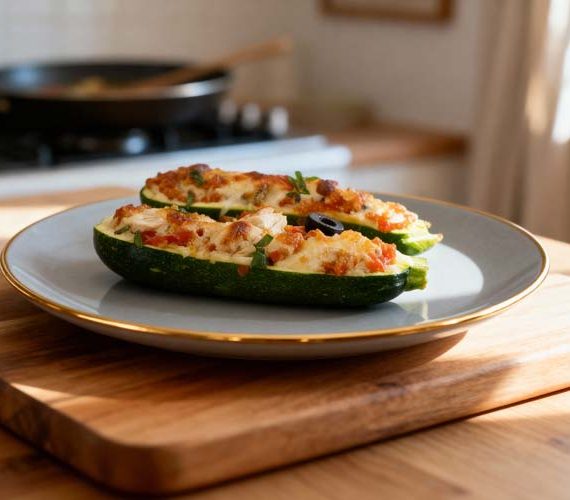 Gevulde courgette met kip, tomaten en olijven