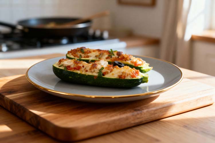 Gevulde courgette met kip, tomaten en olijven