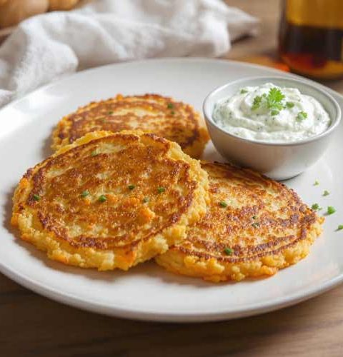 Aardappel wortel pannenkoekjes met kruidendip