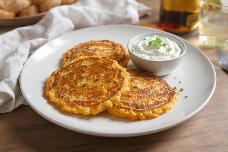 Aardappel wortel pannenkoekjes met kruidendip
