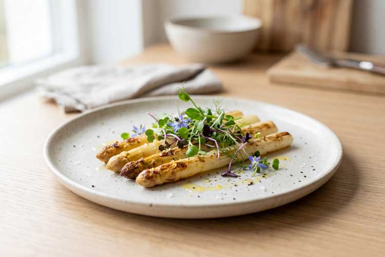 Witte asperges bakken