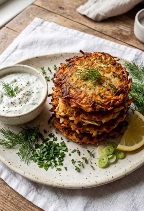 Aardappel wortel pannenkoekjes met kruidendip maken
