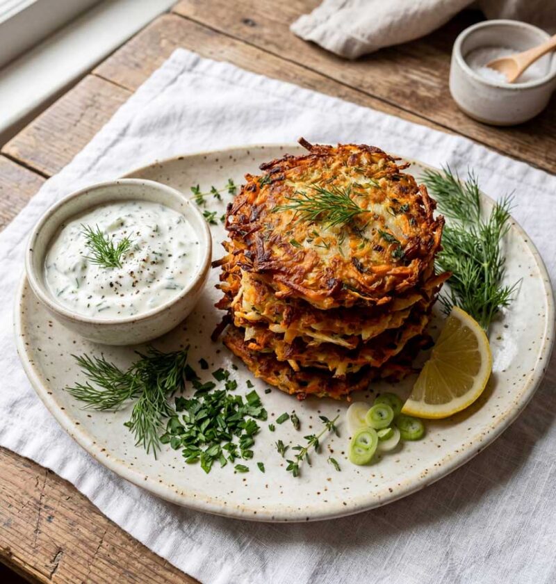 Aardappel wortel pannenkoekjes met kruidendip maken