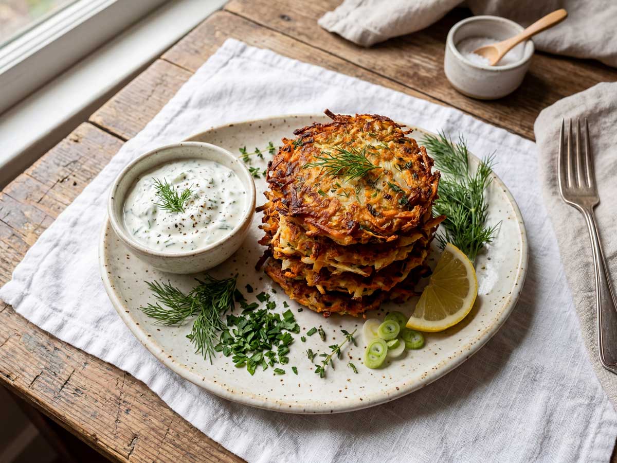 Aardappel wortel pannenkoekjes met kruidendip maken