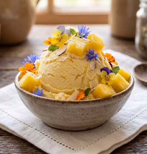 Ananas ijs maken in een ijsmachine, een fevoriet van chef-kok Wilhelmus Hengstmengel