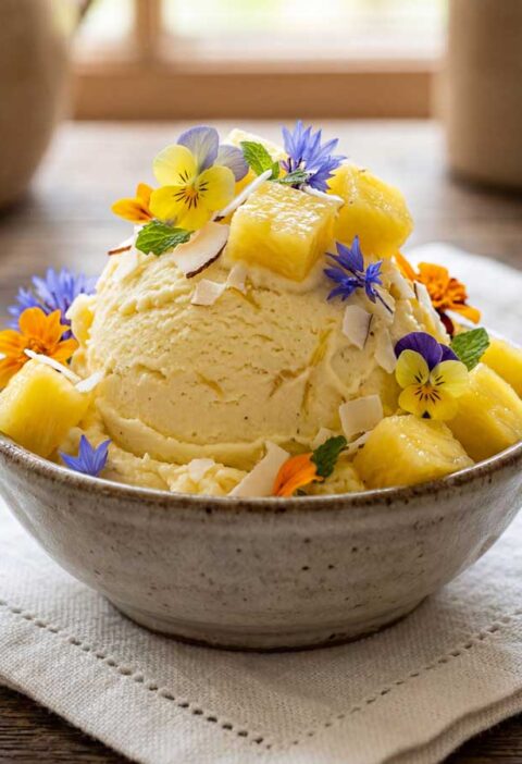 Ananas ijs maken in een ijsmachine, een fevoriet van chef-kok Wilhelmus Hengstmengel