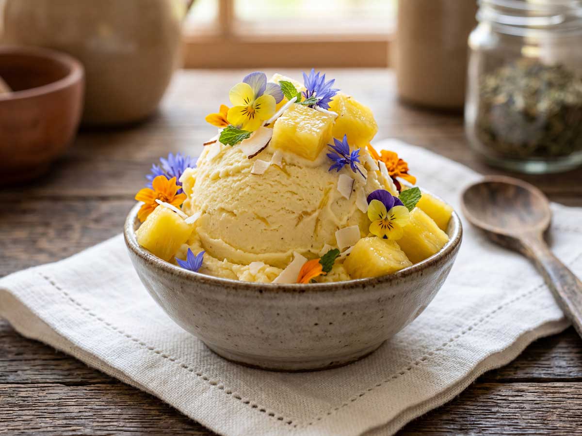 Ananas ijs maken in een ijsmachine, een fevoriet van chef-kok Wilhelmus Hengstmengel