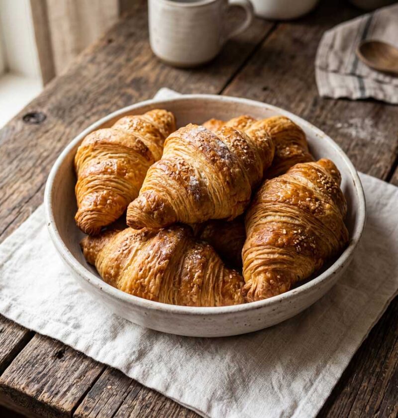 Croissants bakken in een voorverwarmde oven van 200 graden