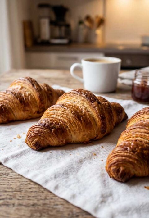 Croissants opwarmen in een oven op 180 graden, met bakpapier op de bakplaat