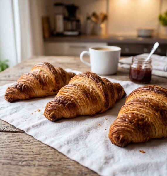 Croissants opwarmen in een oven op 180 graden, met bakpapier op de bakplaat