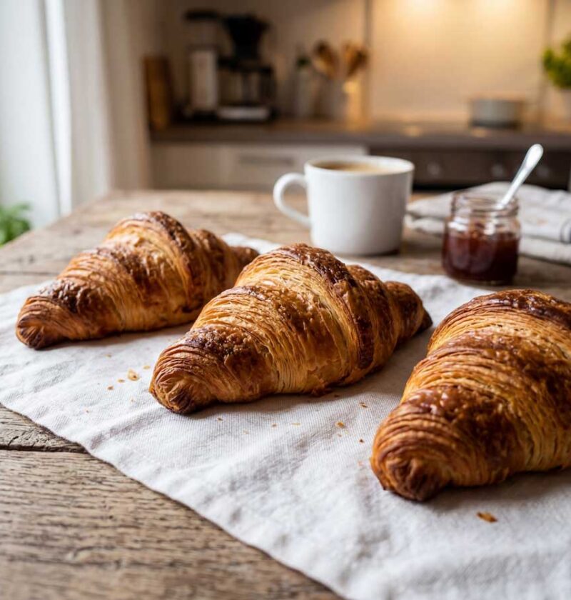 Croissants opwarmen in een oven op 180 graden, met bakpapier op de bakplaat