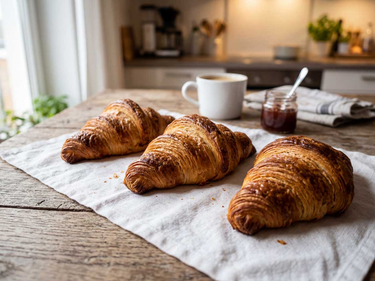 Croissants opwarmen in een oven op 180 graden, met bakpapier op de bakplaat