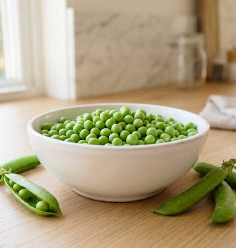 Doperwten koken in een grote pan met water