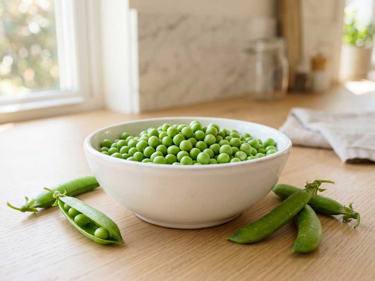 Doperwten koken in een grote pan met water