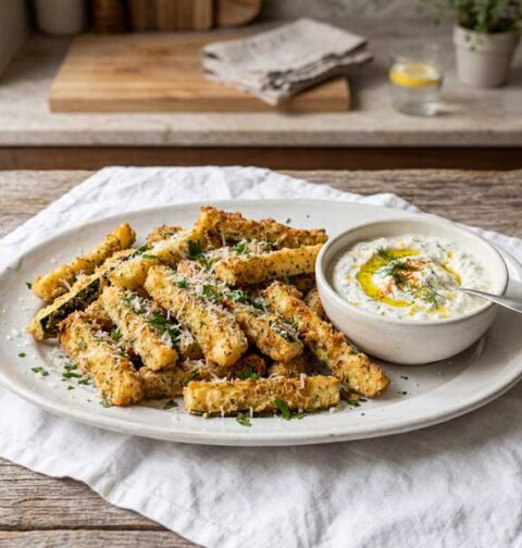 Gebakken courgette friet met Parmezaanse kaas en een dillesaus