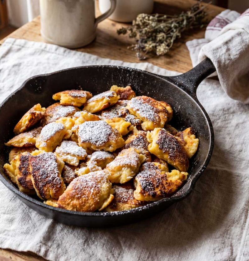 Kaiserschmarrn maken in een gietijzeren koekenpan