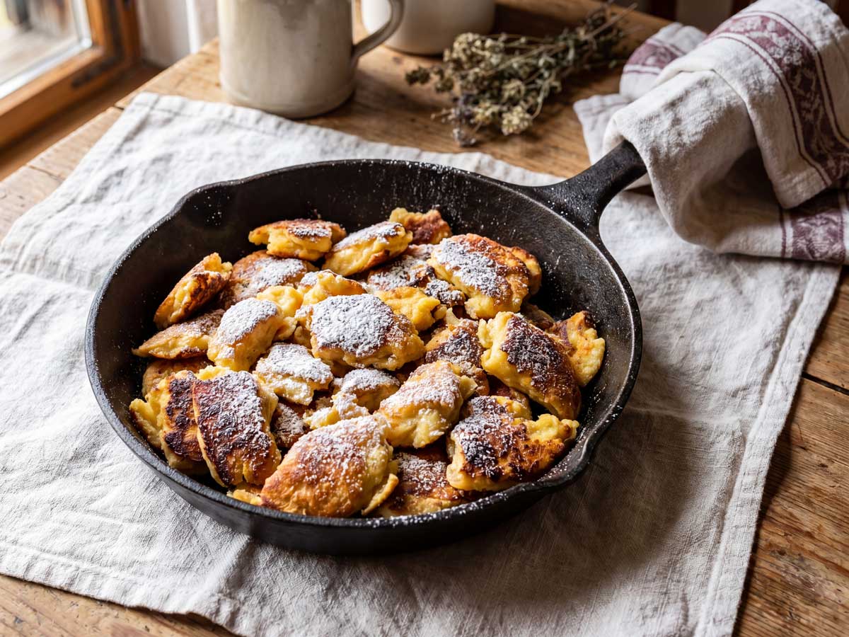 Kaiserschmarrn maken in een gietijzeren koekenpan