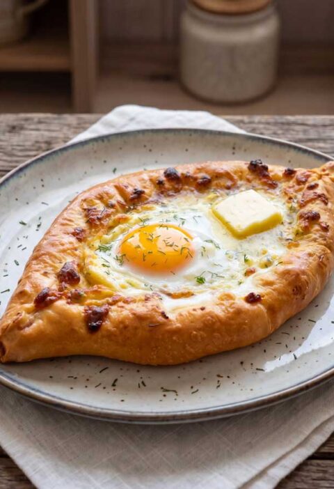 Khachapuri maken van gistdeeg, in een oven