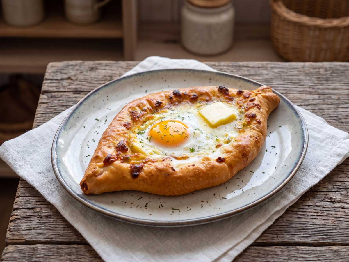 Khachapuri maken van gistdeeg, in een oven