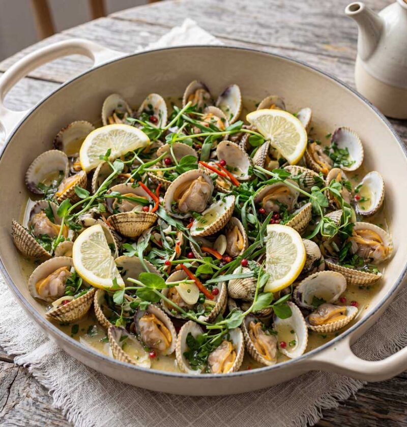 Kokkels koken in een grote pan