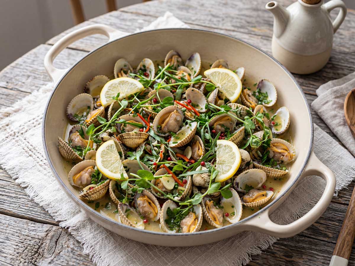 Kokkels koken in een grote pan