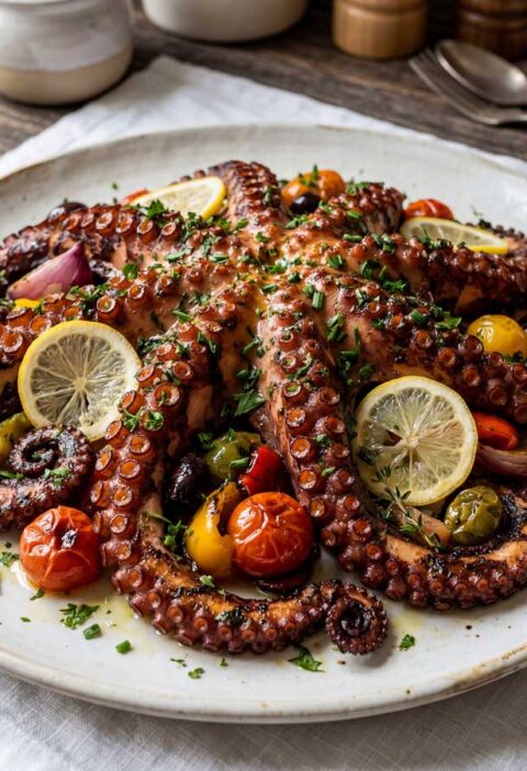 Octopus koken in ruim water in een grote pan