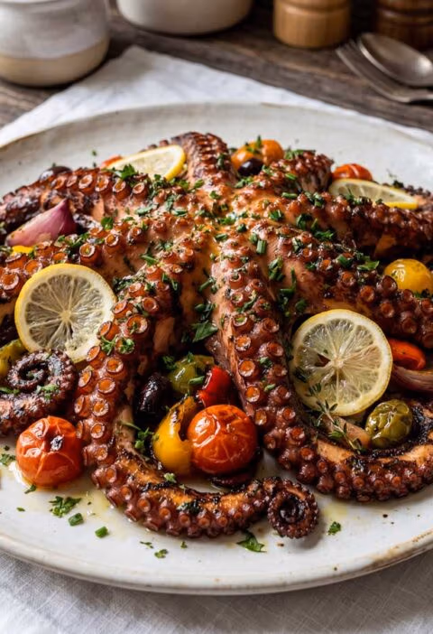 Octopus koken in ruim water in een grote pan