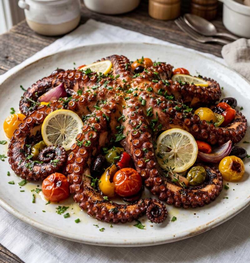 Octopus koken in ruim water in een grote pan