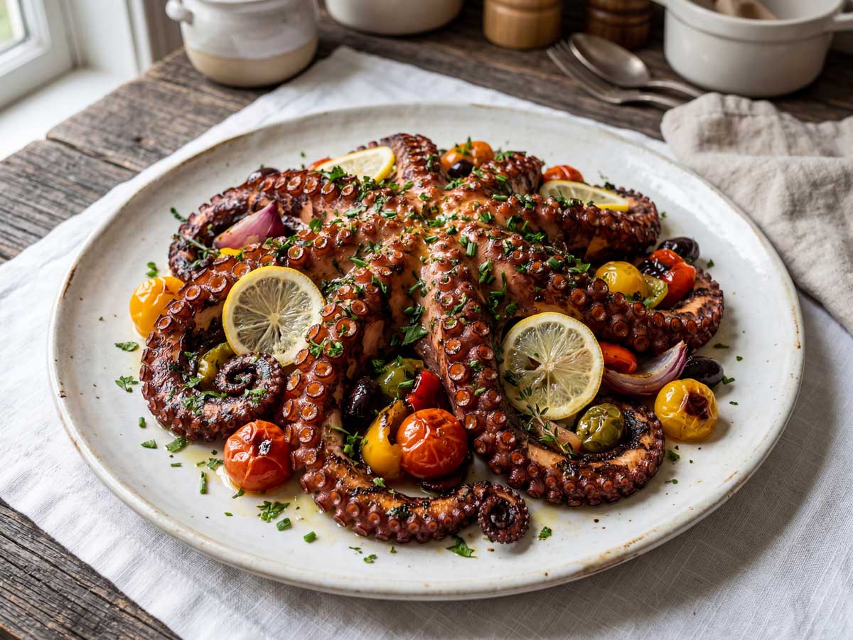 Octopus koken in ruim water in een grote pan