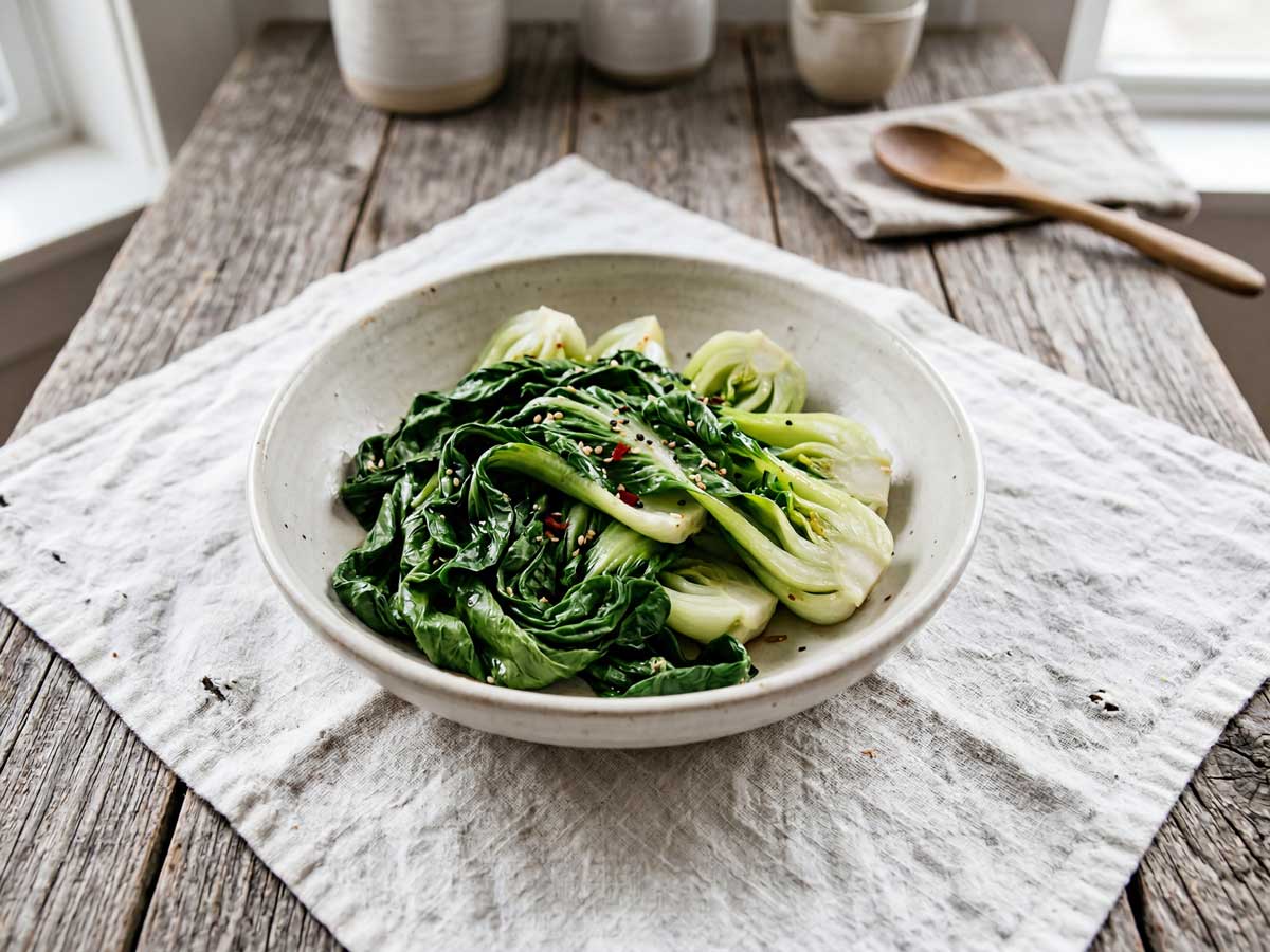Paksoi koken in een pan met water