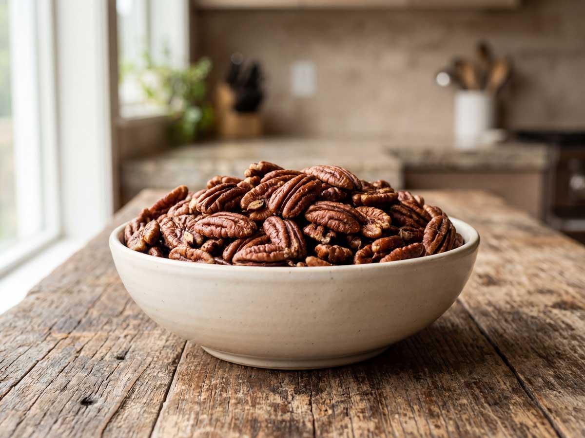 Pecannoten roosteren in een koekenpan met dikke bodem