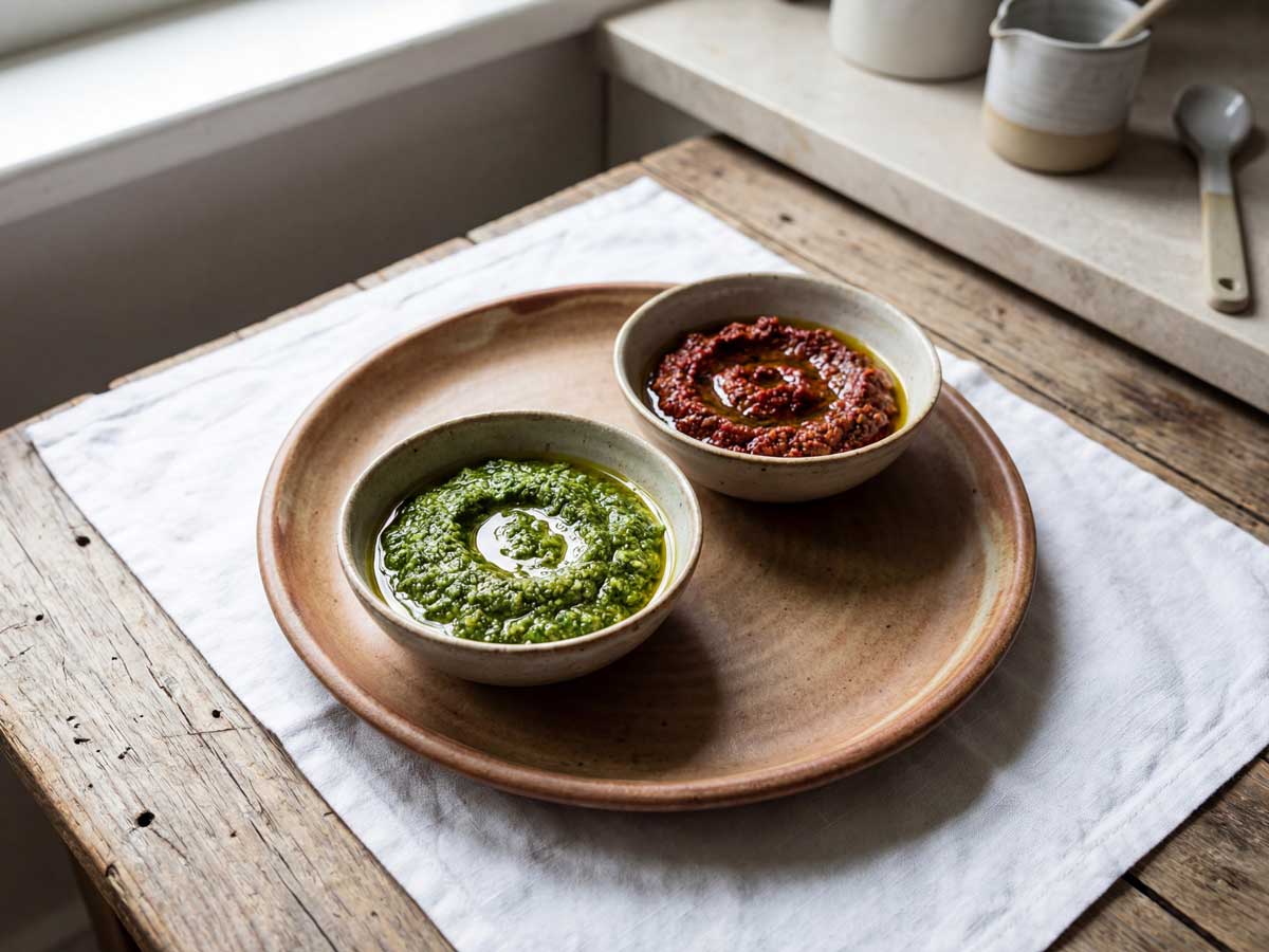 Pesto opwarmen in een steelpan