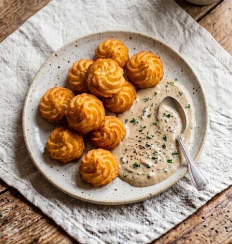 Pommes duchesse frituren in een friteuse