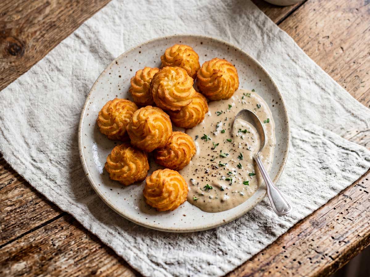Pommes duchesse frituren in een friteuse