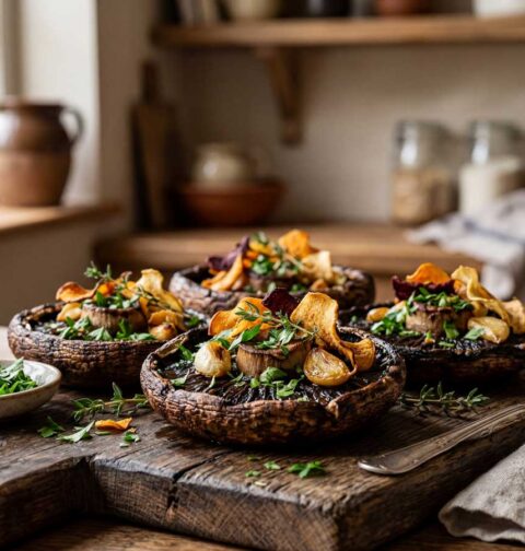 Portobello bakken in een koekenpan op een middelhoog vuur