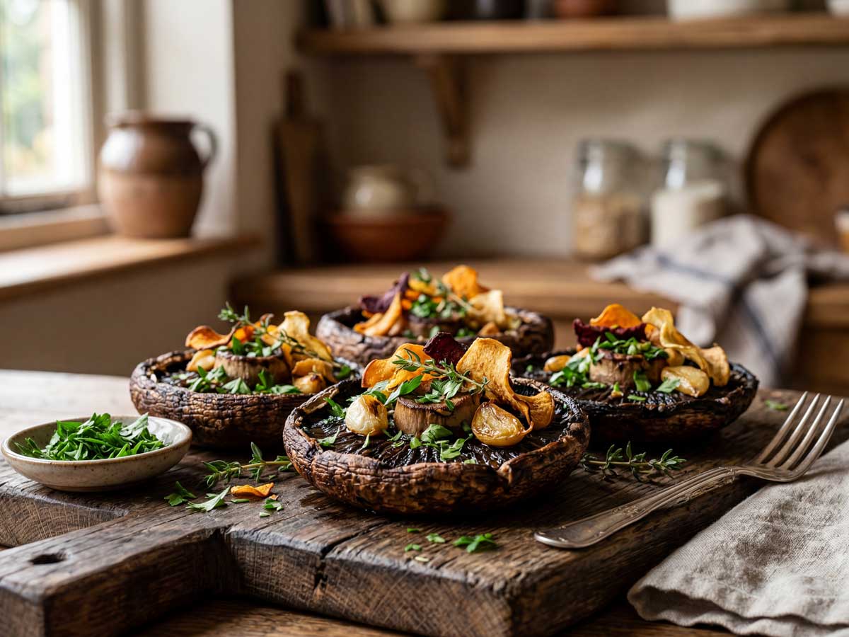 Portobello bakken in een koekenpan op een middelhoog vuur