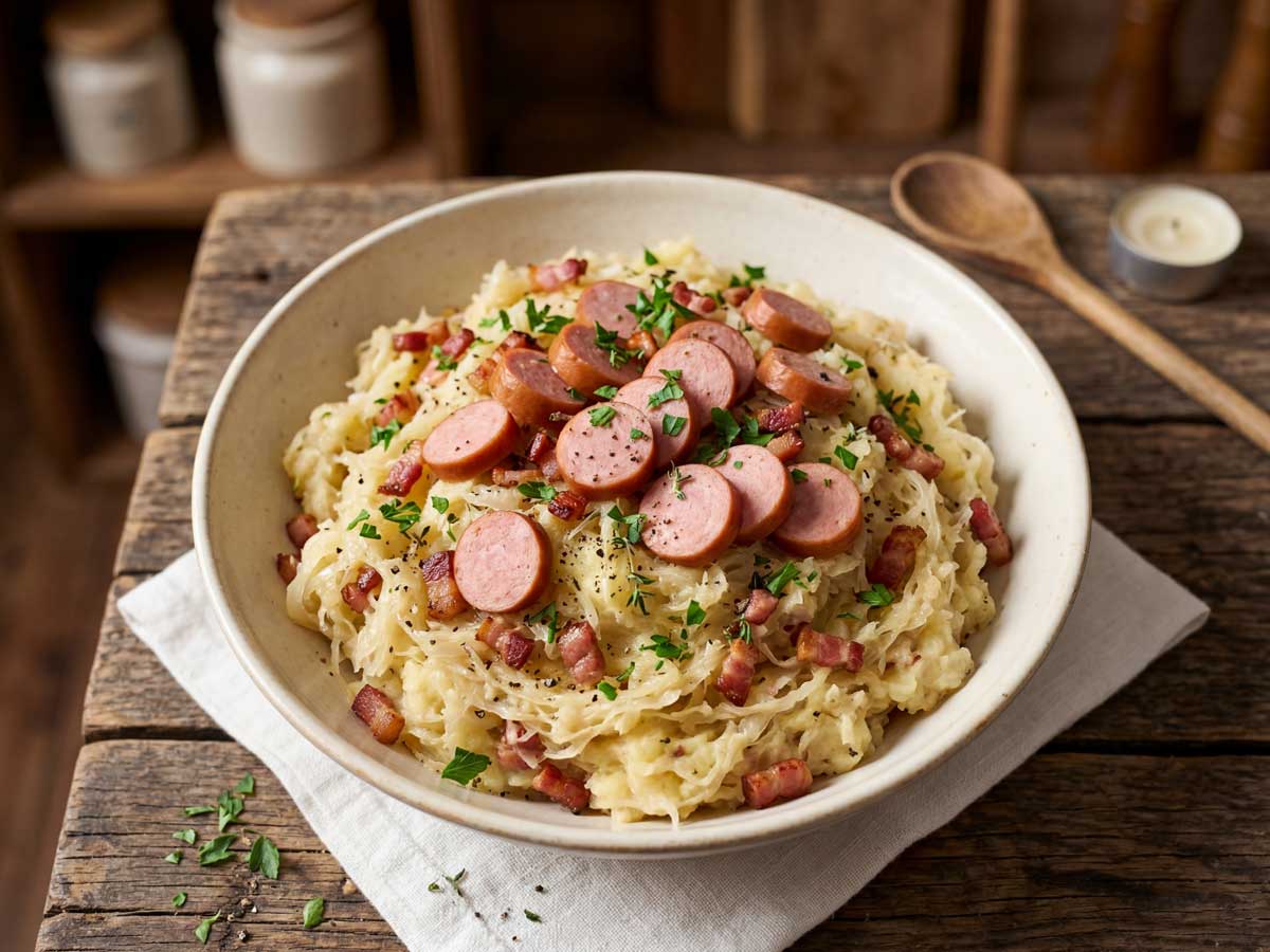 Stamppot zuurkool opwarmen in een koekenpan