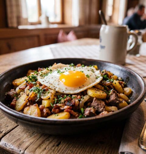Tiroler Gröstl maken met spek, ui en aardappelen, en een spiegelei erop