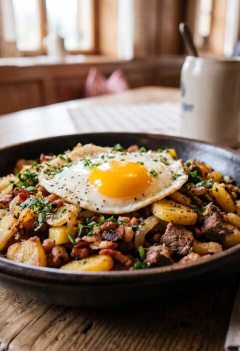 Tiroler Gröstl maken met spek, ui en aardappelen, en een spiegelei erop
