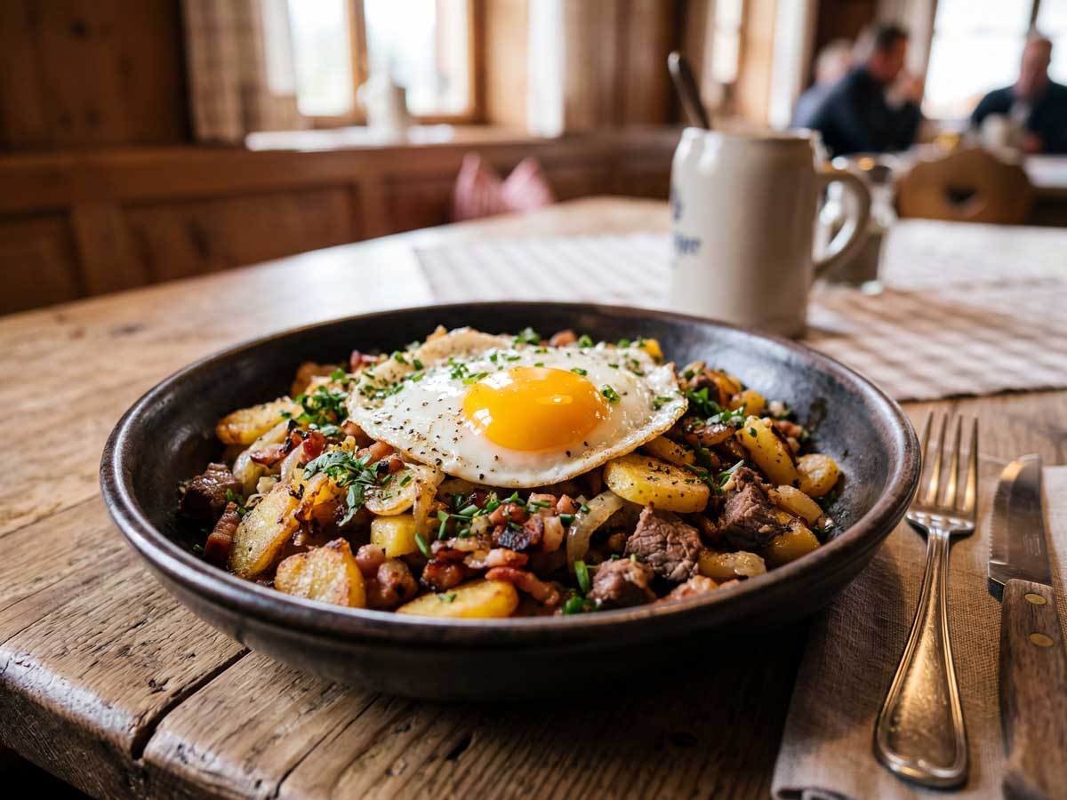 Tiroler Gröstl maken met spek, ui en aardappelen, en een spiegelei erop