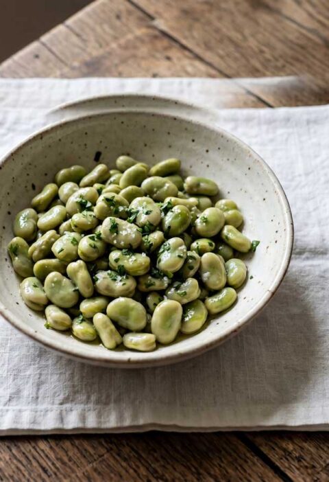 Tuinbonen koken in een grote pan