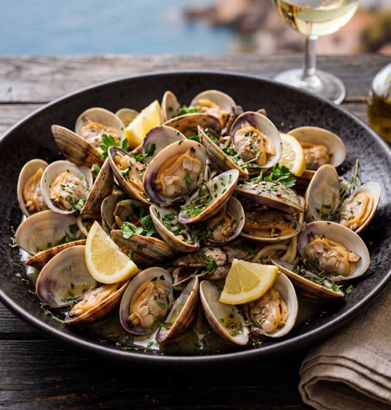 Vongole koken in een koekenpan met dikke bodem