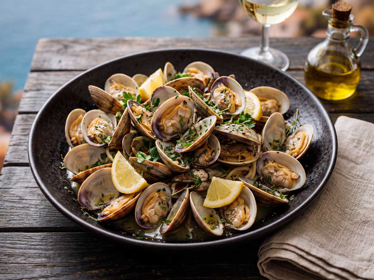 Vongole koken in een koekenpan met dikke bodem