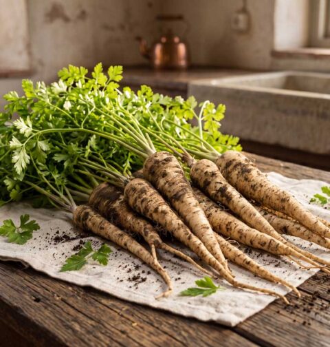 Wortelpeterselie koken, eerst dun schillen