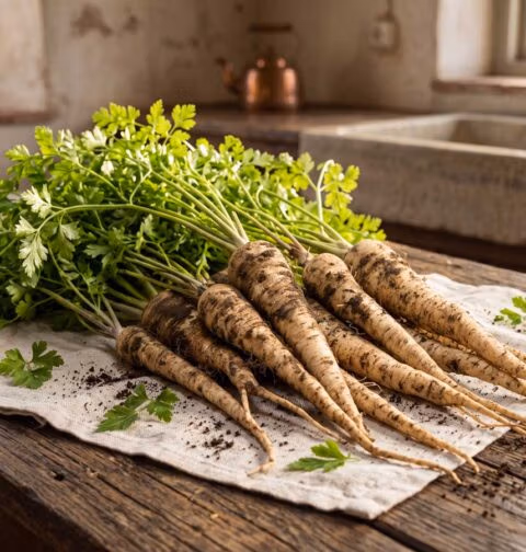 Wortelpeterselie koken, eerst dun schillen