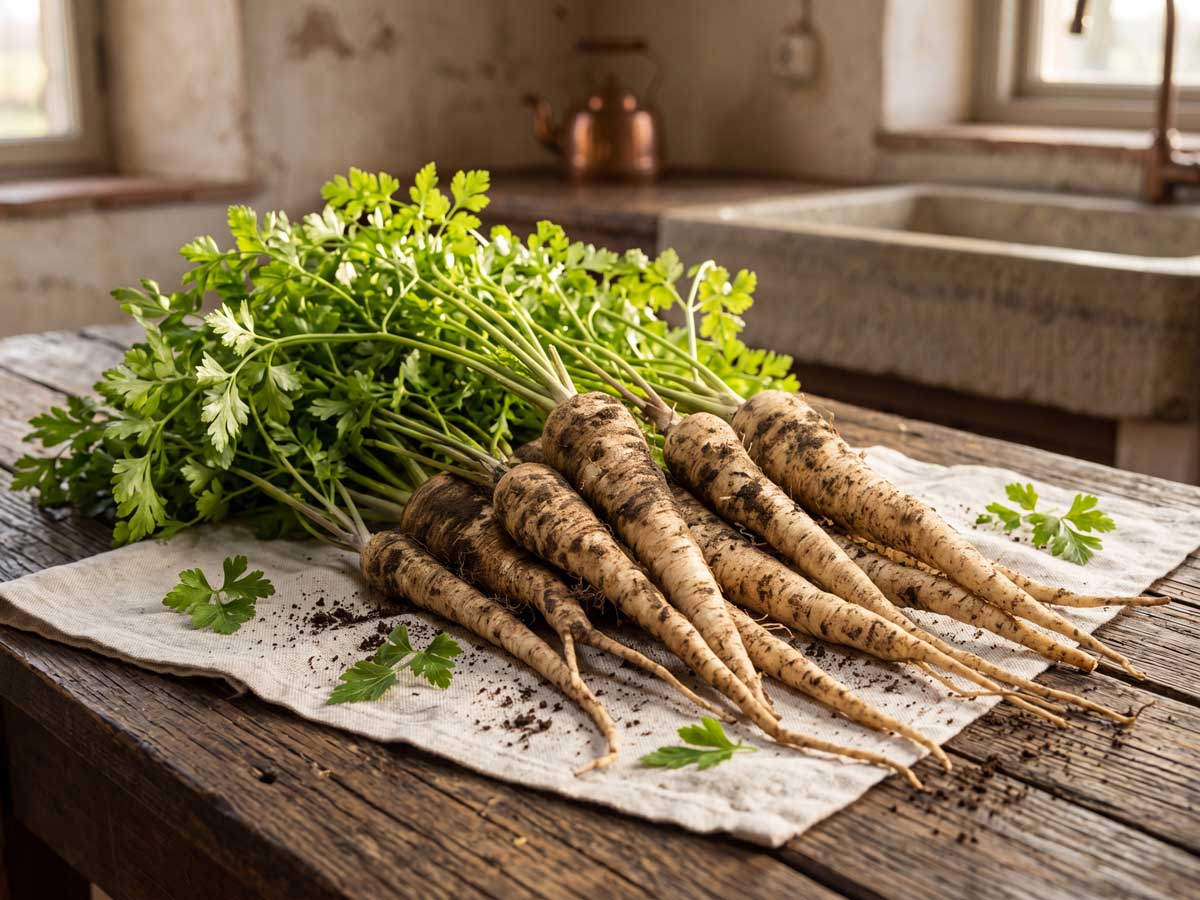Wortelpeterselie koken, eerst dun schillen