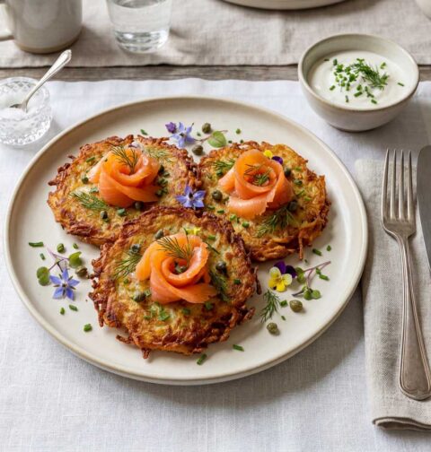Aardappelpannenkoeken maken in een koekenpan, gegarneerd met zalmroosjes