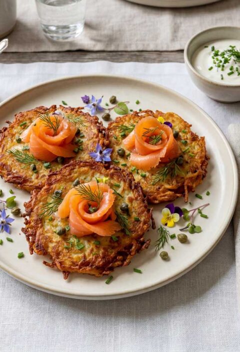Aardappelpannenkoeken maken in een koekenpan, gegarneerd met zalmroosjes