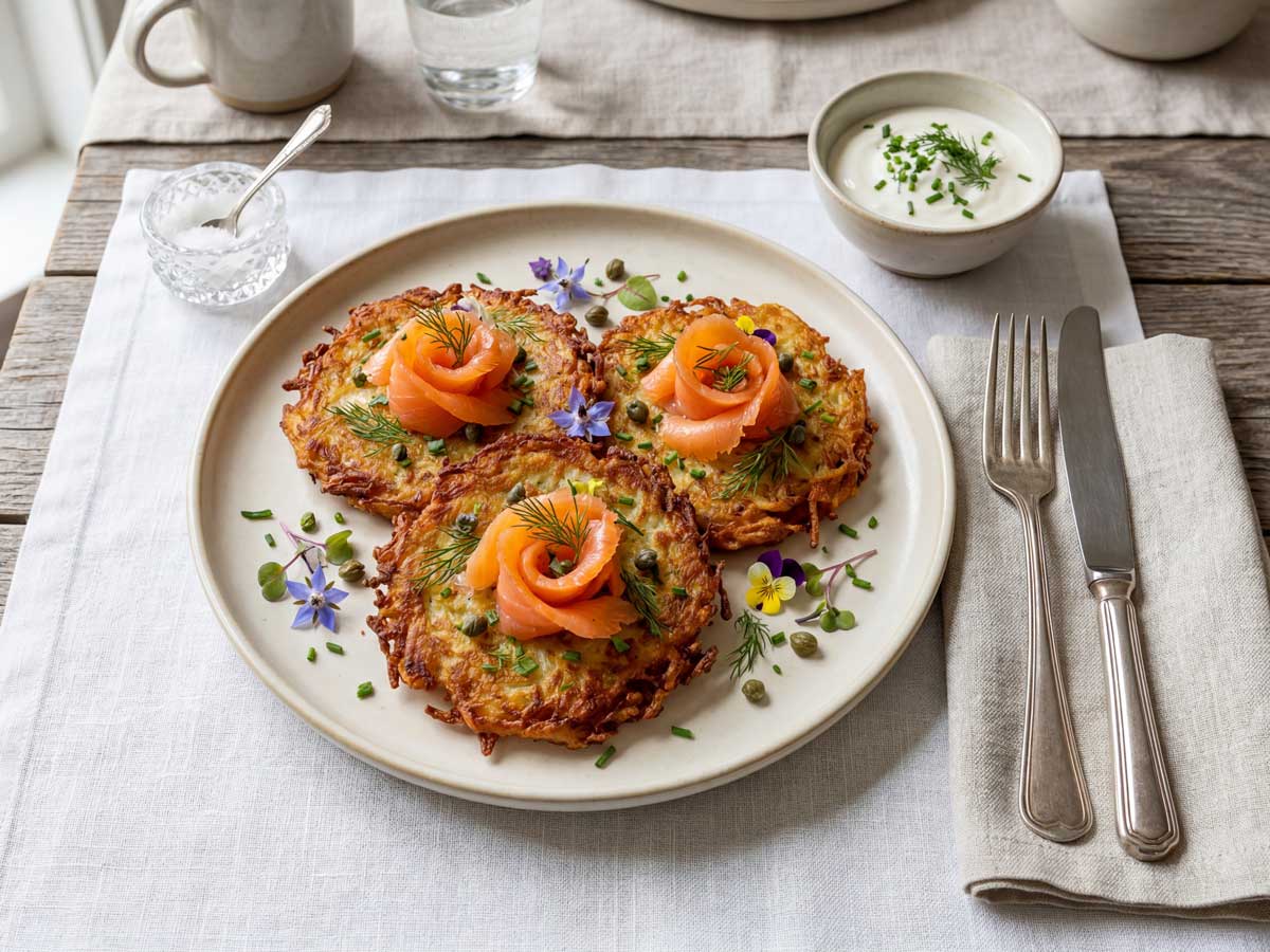 Aardappelpannenkoeken maken in een koekenpan, gegarneerd met zalmroosjes